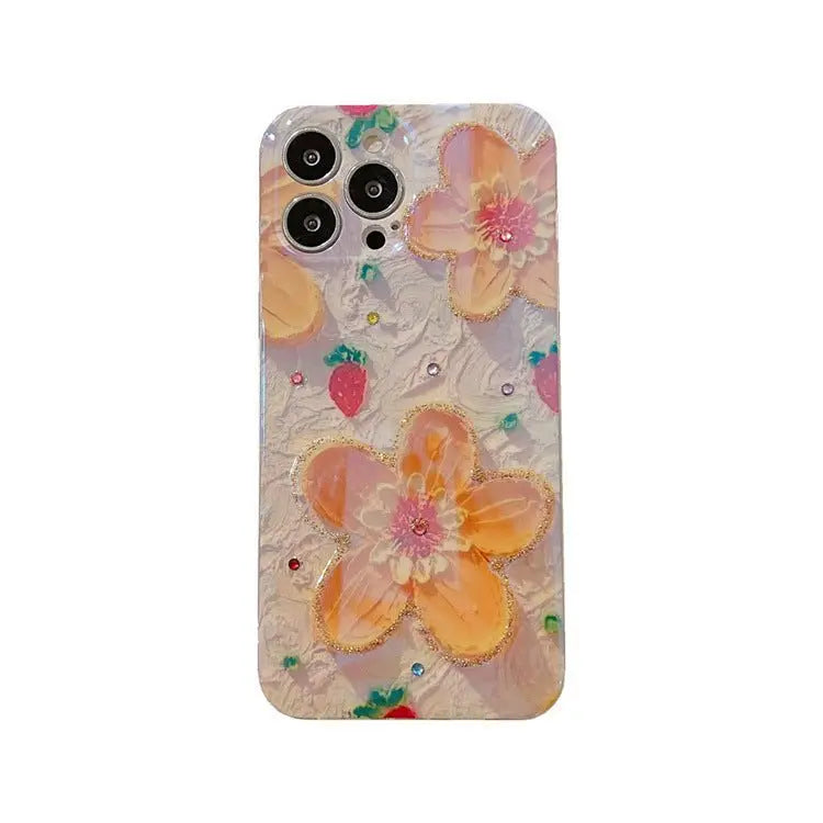 Strawberry Yellow Oil Painting Flowers Suitable For Apple 87plus Mobile Phone Case Flash Drill 13promax Glue 12 Fresh Gimme that