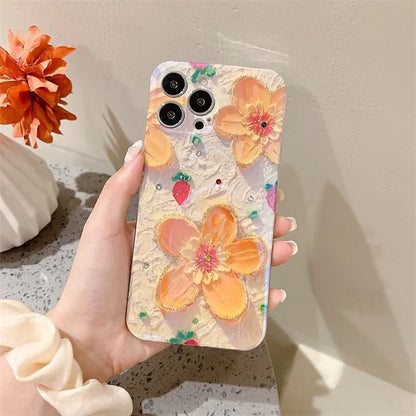 Strawberry Yellow Oil Painting Flowers Suitable For Apple 87plus Mobile Phone Case Flash Drill 13promax Glue 12 Fresh Gimme that