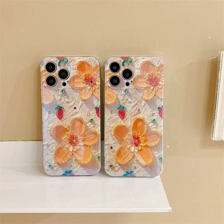 Strawberry Yellow Oil Painting Flowers Suitable For Apple 87plus Mobile Phone Case Flash Drill 13promax Glue 12 Fresh Gimme that