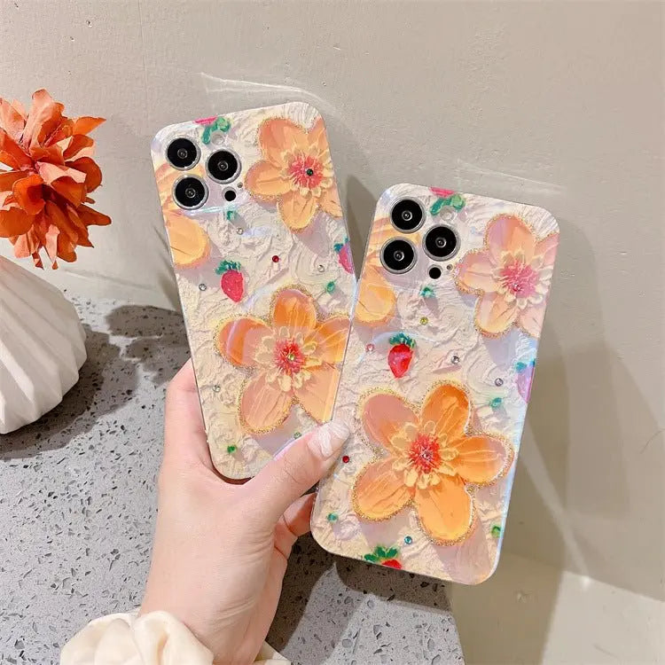 Strawberry Yellow Oil Painting Flowers Suitable For Apple 87plus Mobile Phone Case Flash Drill 13promax Glue 12 Fresh Gimme that