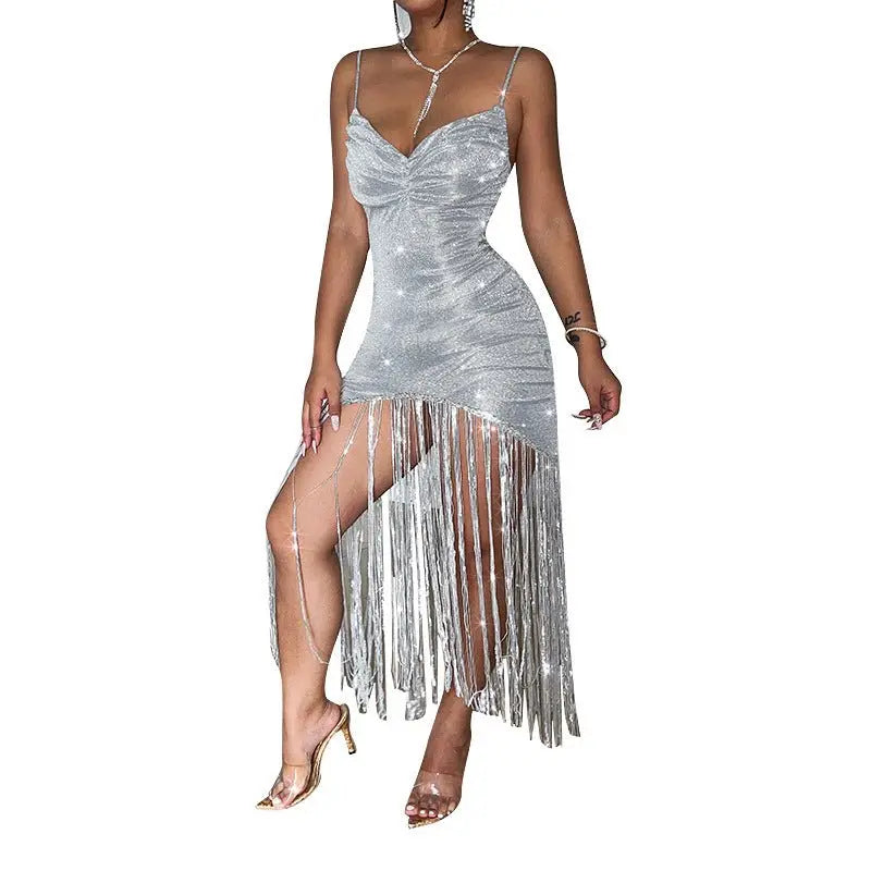 Thin Glitter Tassel Sexy V-neck Brace Dress - GimmeWarehouse