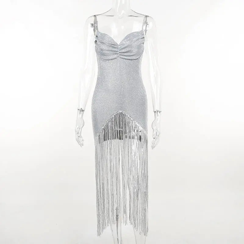 Thin Glitter Tassel Sexy V-neck Brace Dress - GimmeWarehouse