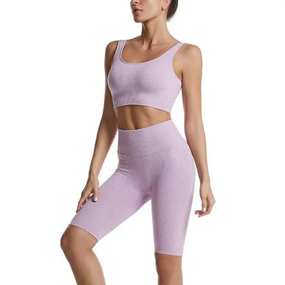 Threaded Yoga Short-Sleeved Shorts n Bra - GimmeWarehouse