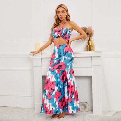 Sexy Bohemian Print Dress Hit Cable Hanging Neck Top + Package Hip Fishtail Skirt Two-Piece Women's Clothing Gimme that