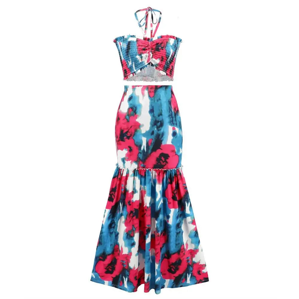 Sexy Bohemian Print Dress Hit Cable Hanging Neck Top + Package Hip Fishtail Skirt Two-Piece Women's Clothing Gimme that