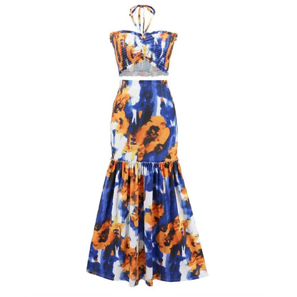 Sexy Bohemian Print Dress Hit Cable Hanging Neck Top + Package Hip Fishtail Skirt Two-Piece Women's Clothing Gimme that