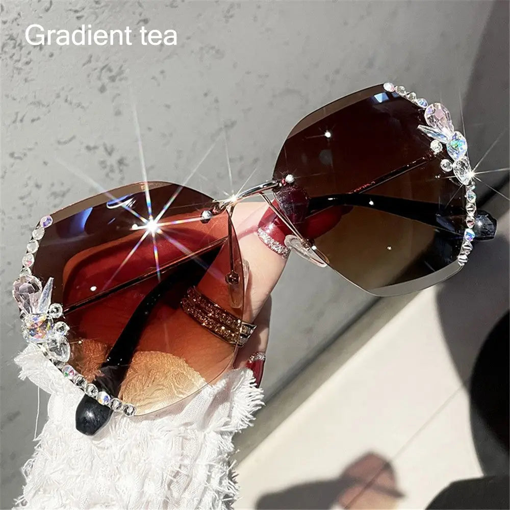 Vintage Rimless Rhinestone UV400 Retro Cutting Lens Sun Glasses - GimmeWarehouse