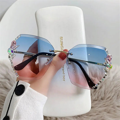 Vintage Rimless Rhinestone UV400 Retro Cutting Lens Sun Glasses - GimmeWarehouse