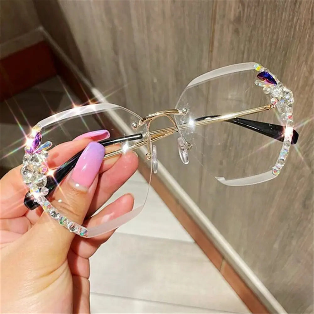 Vintage Rimless Rhinestone UV400 Retro Cutting Lens Sun Glasses - GimmeWarehouse