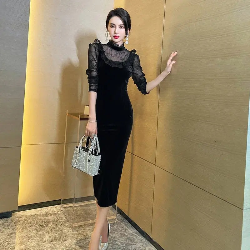 Spring New Women's Celebrity Temperament Collar Stitching Hollow Lace Long-Sleeved Tight Package Hip Dress Gimme that