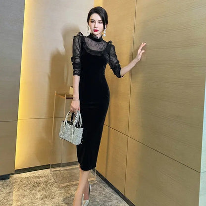 Spring New Women's Celebrity Temperament Collar Stitching Hollow Lace Long-Sleeved Tight Package Hip Dress Gimme that