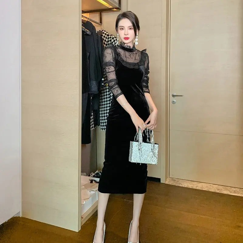 Spring New Women's Celebrity Temperament Collar Stitching Hollow Lace Long-Sleeved Tight Package Hip Dress Gimme that