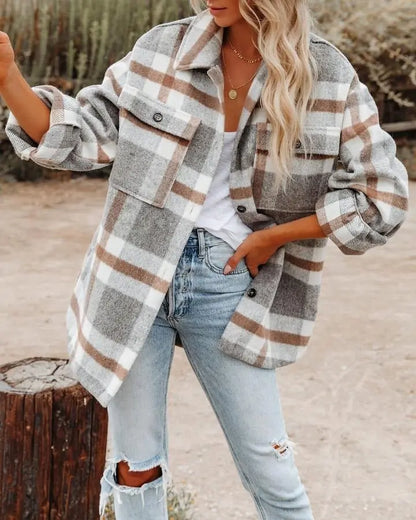 Women's Autumn And Winter Long Sleeve Lapel Loose Plaid Wool Coat Gimme that