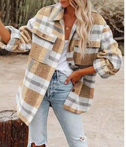 Women's Autumn And Winter Long Sleeve Lapel Loose Plaid Wool Coat Gimme that