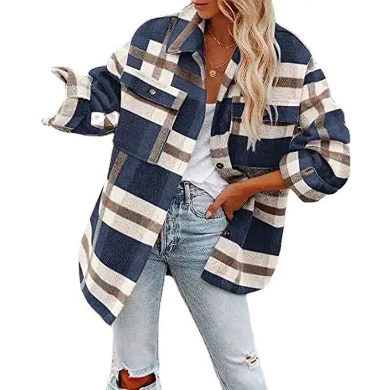 Women's Autumn And Winter Long Sleeve Lapel Loose Plaid Wool Coat Gimme that