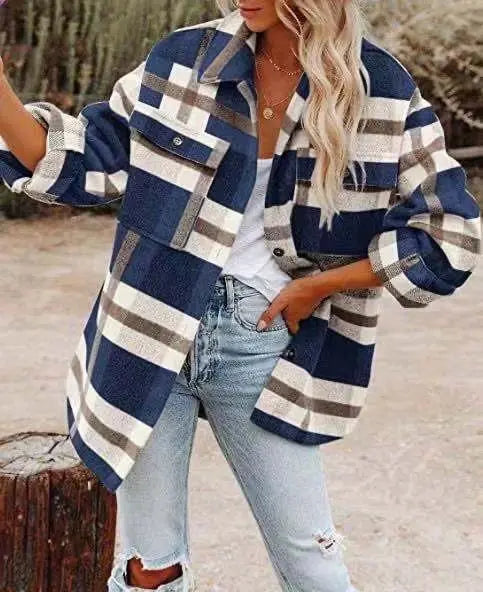 Women's Autumn And Winter Long Sleeve Lapel Loose Plaid Wool Coat Gimme that