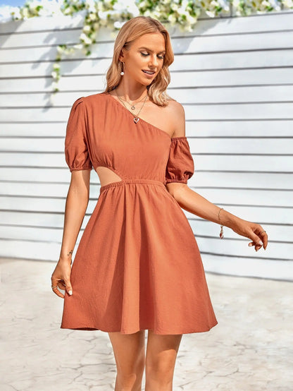 Spring And Summer New Women's Casual Oblique Collar Hollow Solid Color Waist Dress Gimme that