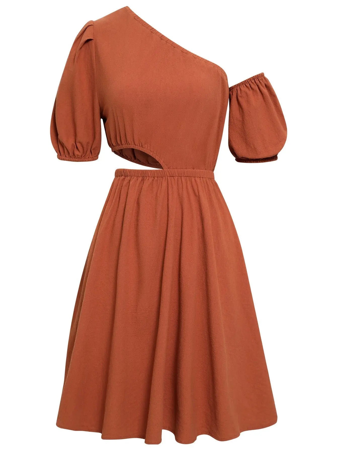 Spring And Summer New Women's Casual Oblique Collar Hollow Solid Color Waist Dress Gimme that