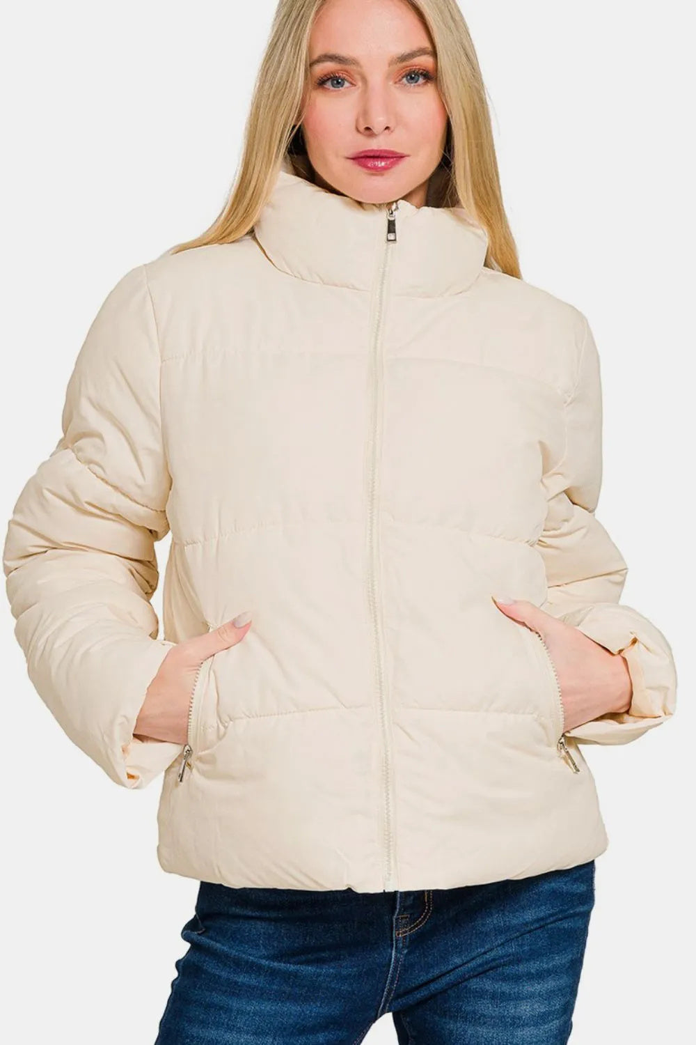 Zenana Zip Up Turtleneck Puffer Jacket With Pockets - GimmeWarehouse