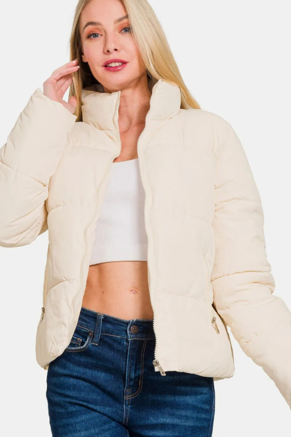 Zenana Zip Up Turtleneck Puffer Jacket With Pockets - GimmeWarehouse