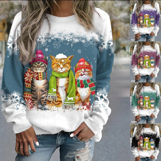 Women's Christmas Snowman And Cat Printed Long Sleeve Loose-fitting T-shirt