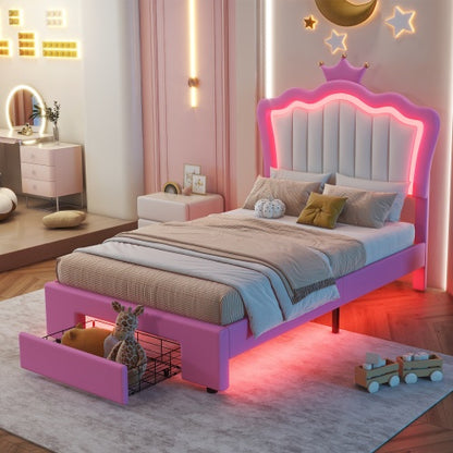 Twin Size Upholstered Bed Frame With LED Lights - Modern Princess Bed - DreamFurniture