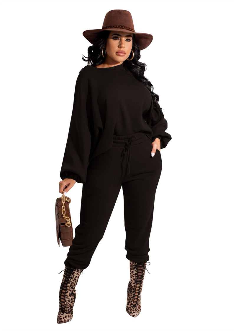 Adogirl Tracksuits Women Solid Two Piece Set Lantern Sleeve Loose Sweatshirts Tops Drawstring Pockets Sweatpants Jogging Suits Gimme that