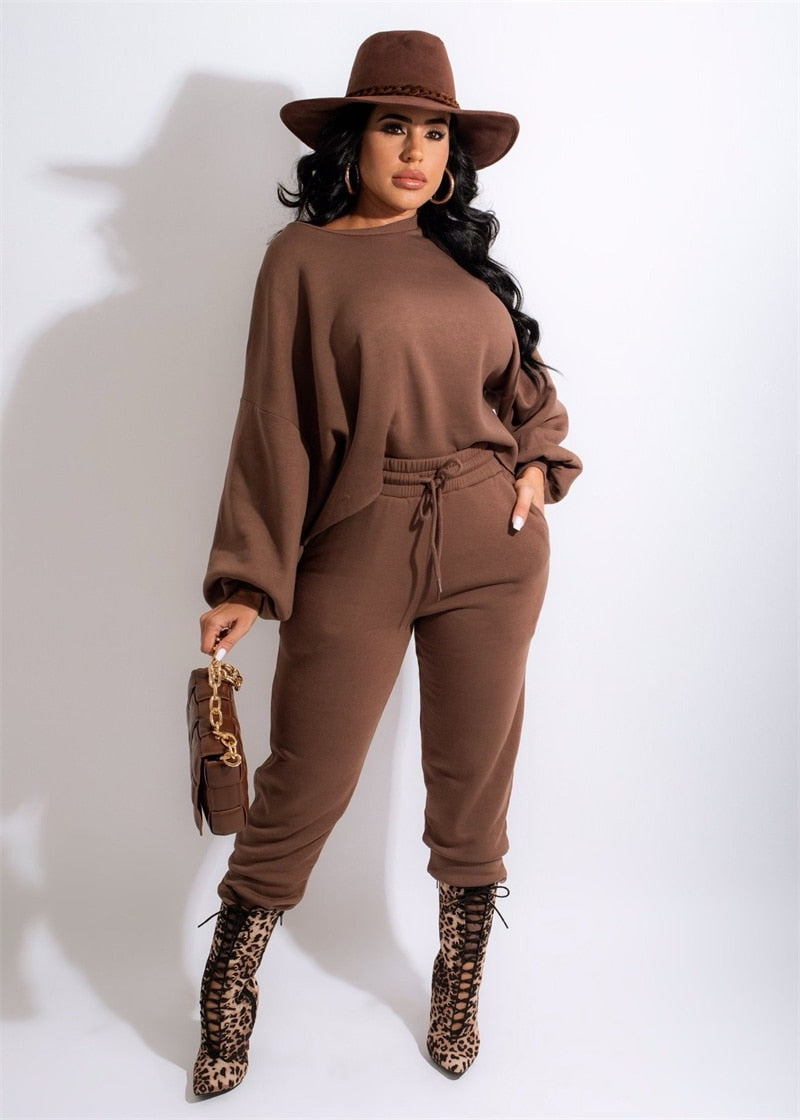 Adogirl Tracksuits Women Solid Two Piece Set Lantern Sleeve Loose Sweatshirts Tops Drawstring Pockets Sweatpants Jogging Suits Gimme that