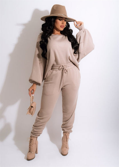 Adogirl Tracksuits Women Solid Two Piece Set Lantern Sleeve Loose Sweatshirts Tops Drawstring Pockets Sweatpants Jogging Suits Gimme that