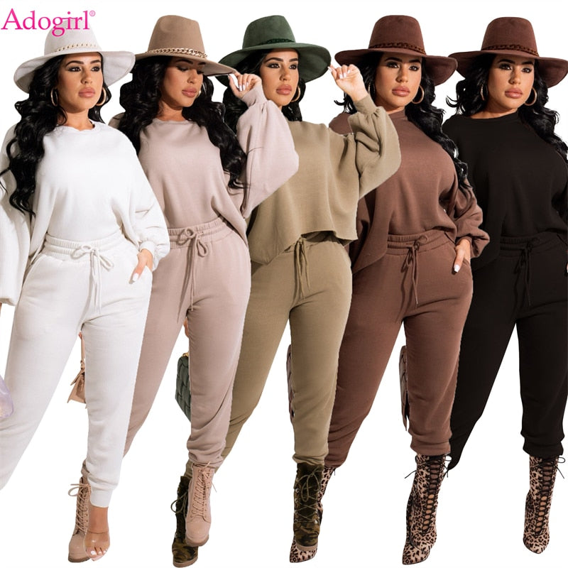 Adogirl Tracksuits Women Solid Two Piece Set Lantern Sleeve Loose Sweatshirts Tops Drawstring Pockets Sweatpants Jogging Suits Gimme that