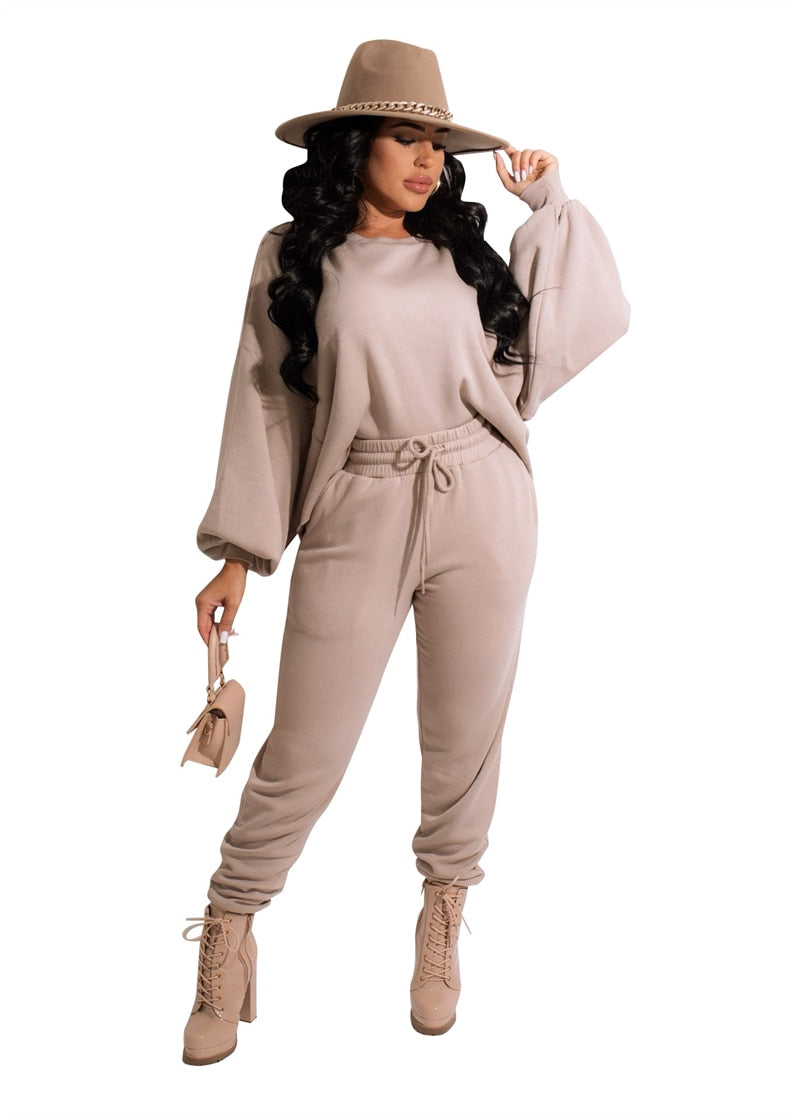 Adogirl Tracksuits Women Solid Two Piece Set Lantern Sleeve Loose Sweatshirts Tops Drawstring Pockets Sweatpants Jogging Suits Gimme that