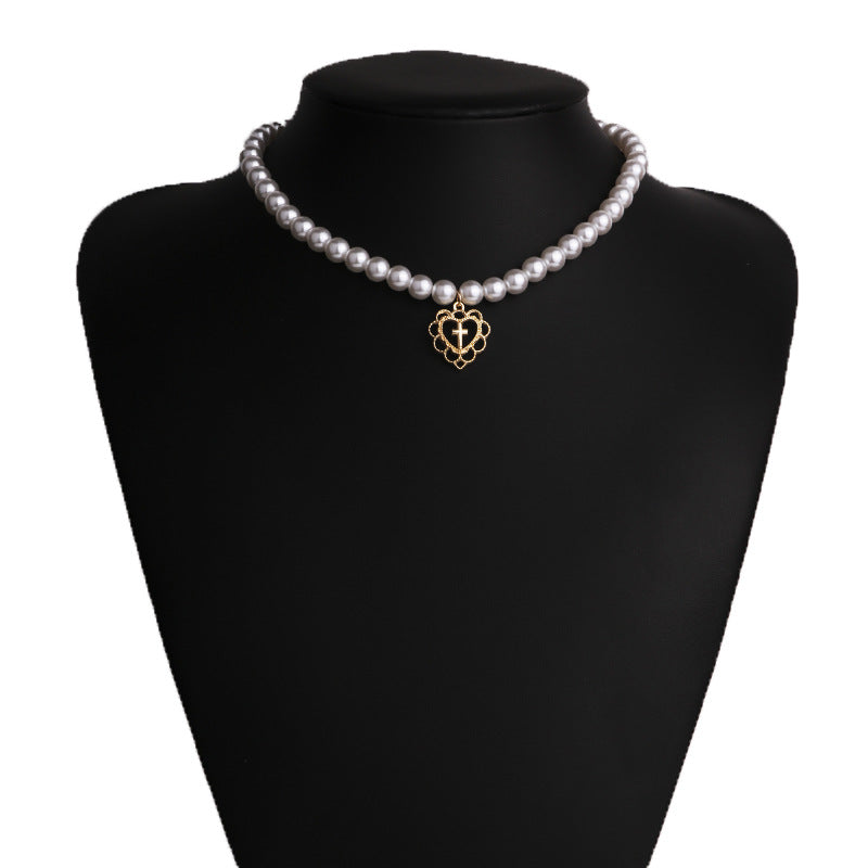 Alloy Love Cross Pendant Pearl Choker Necklace - GimmeWarehouse