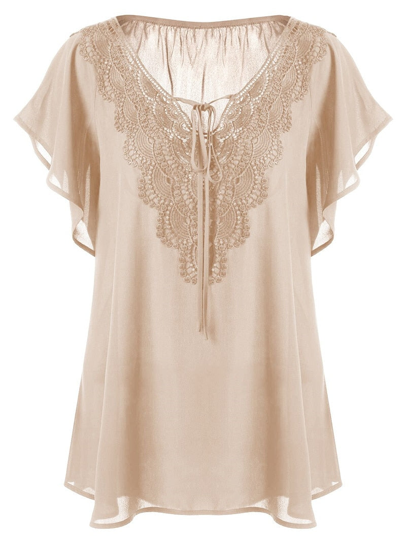 Chiffon Pullovers Lace T-Shirt - GimmeWarehouse