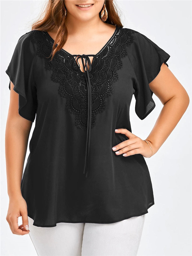 Chiffon Pullovers Lace T-Shirt - GimmeWarehouse