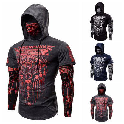 Cross-border European code elastic fitness men's fake two-piece cyberpunk ninja suit hooded sweater T-shirt mask riding Gimme that