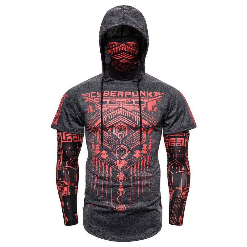 Cross-border European code elastic fitness men's fake two-piece cyberpunk ninja suit hooded sweater T-shirt mask riding Gimme that