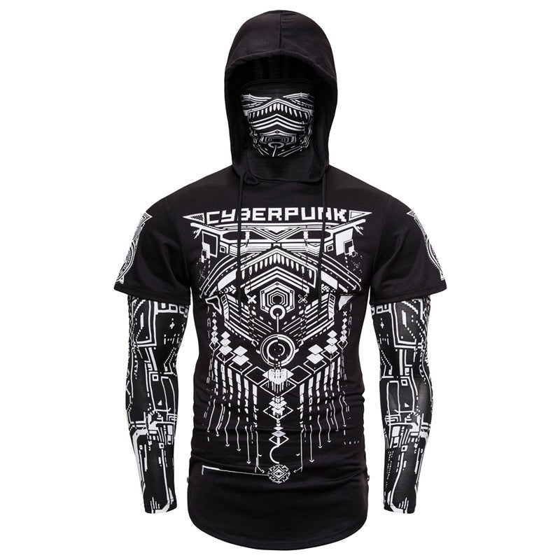 Cross-border European code elastic fitness men's fake two-piece cyberpunk ninja suit hooded sweater T-shirt mask riding Gimme that