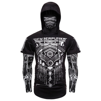 Cross-border European code elastic fitness men's fake two-piece cyberpunk ninja suit hooded sweater T-shirt mask riding Gimme that