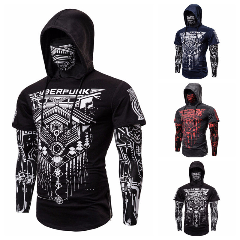 Cross-border European code elastic fitness men's fake two-piece cyberpunk ninja suit hooded sweater T-shirt mask riding Gimme that