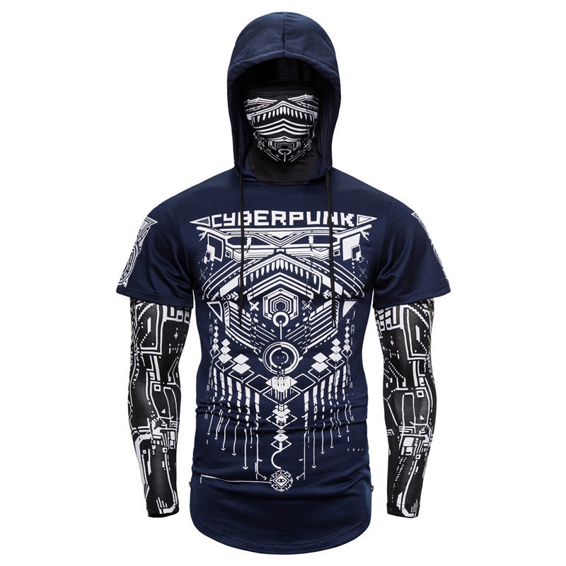 Cross-border European code elastic fitness men's fake two-piece cyberpunk ninja suit hooded sweater T-shirt mask riding Gimme that