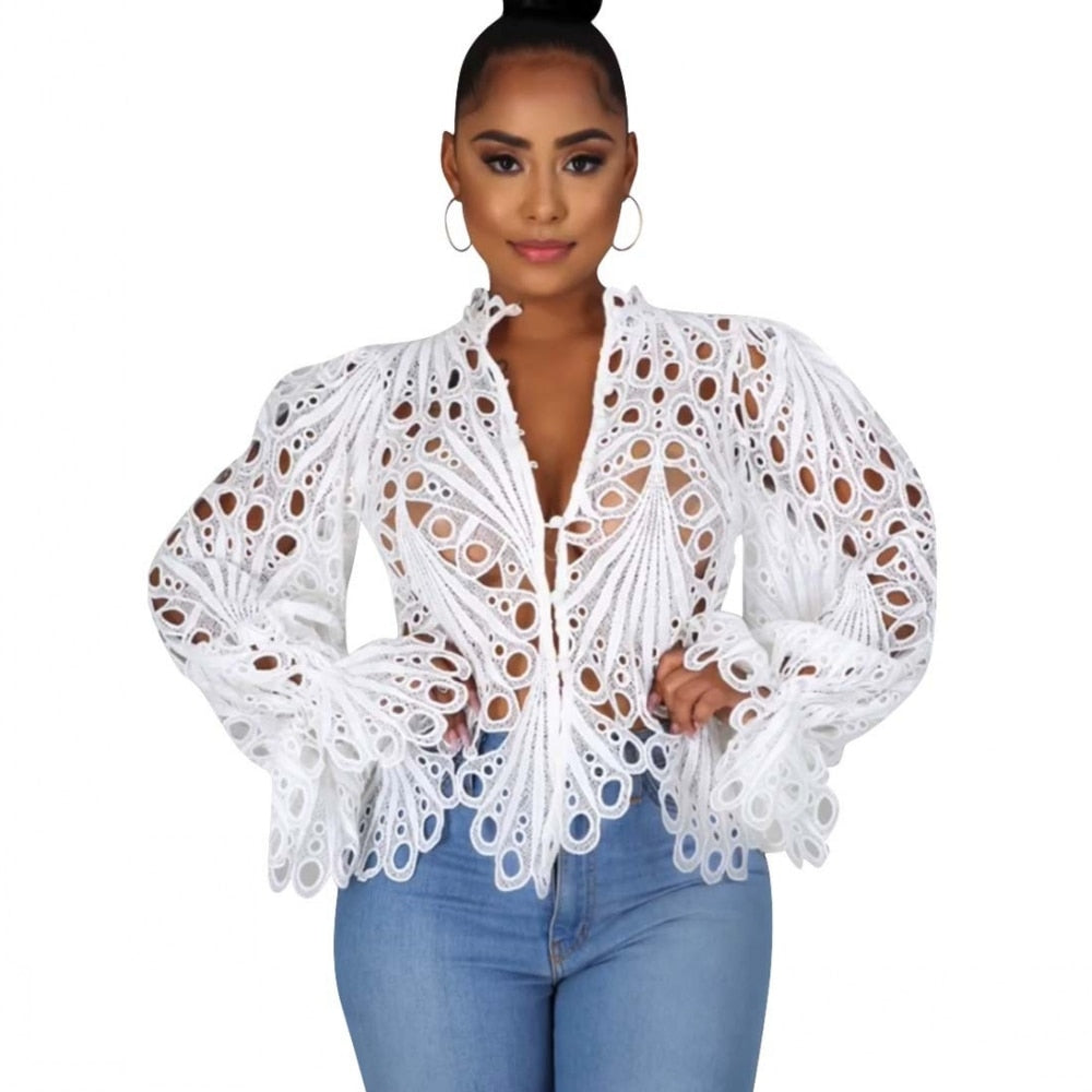 Elegant Long Sleeve Lace Top Blouse - GimmeWarehouse