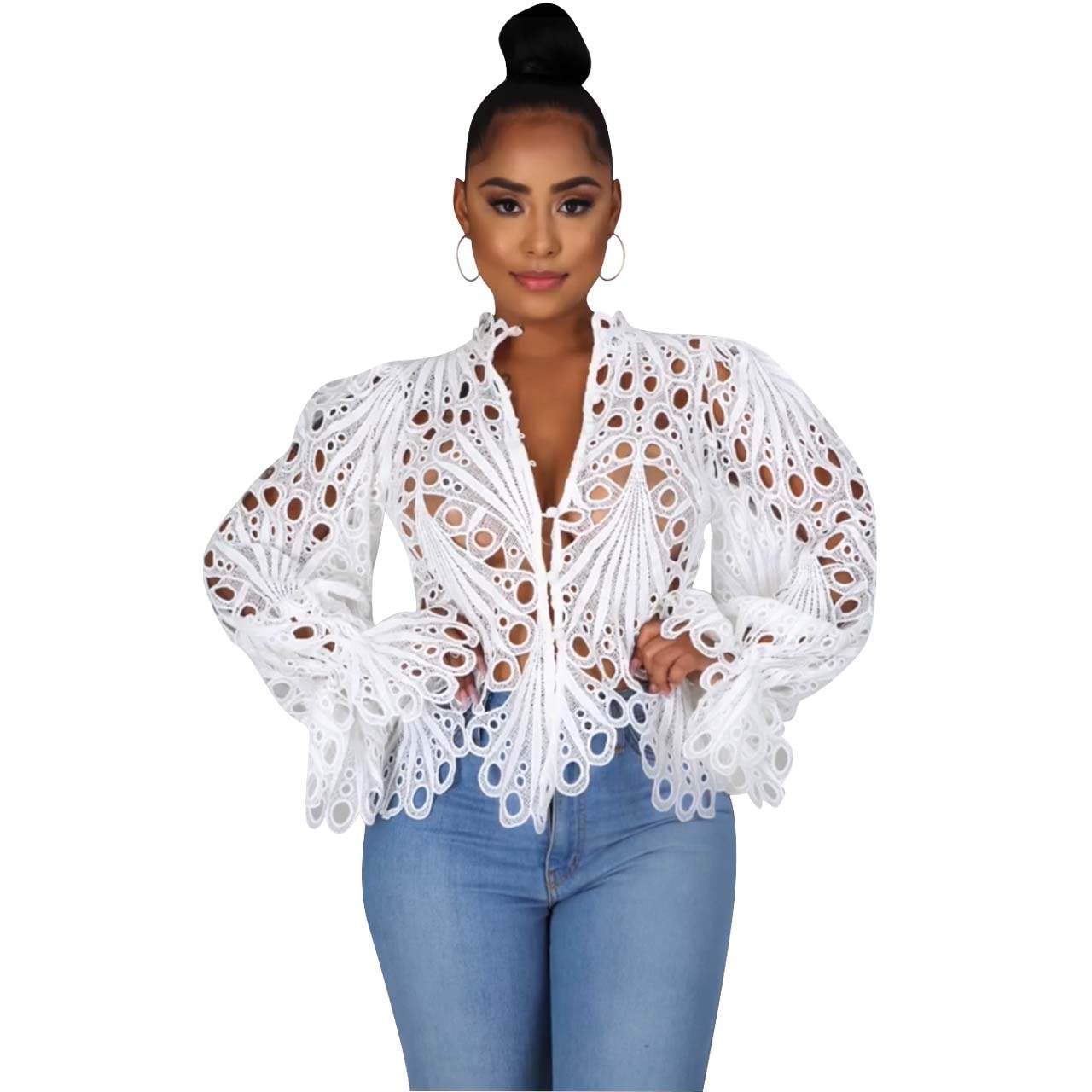 Elegant Long Sleeve Lace Top Blouse - GimmeWarehouse