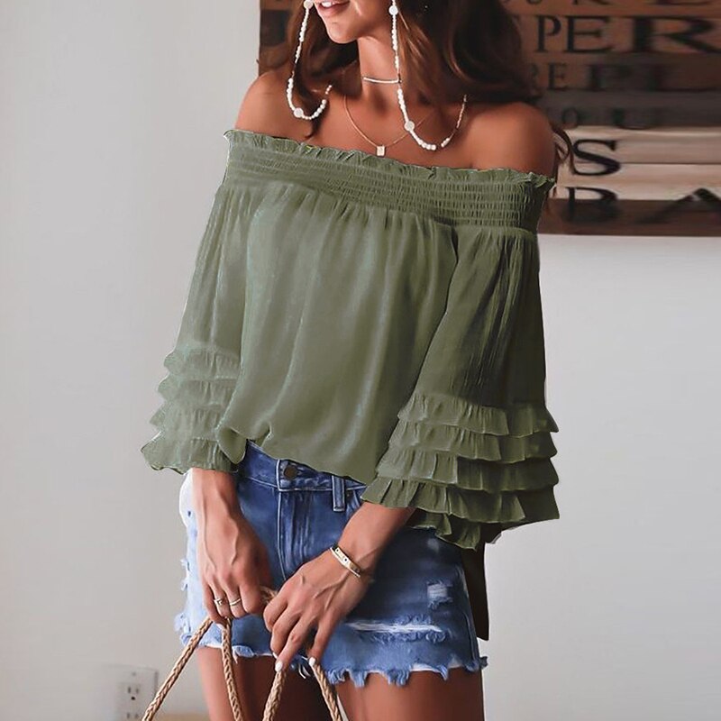 Eti Off Shoulder Summer Tshirt Women Long Sleeve Shirt Women Blouse Solid Ruffle Sleeve Slash Neck Sexy Shirts For Women Tops Gimme that