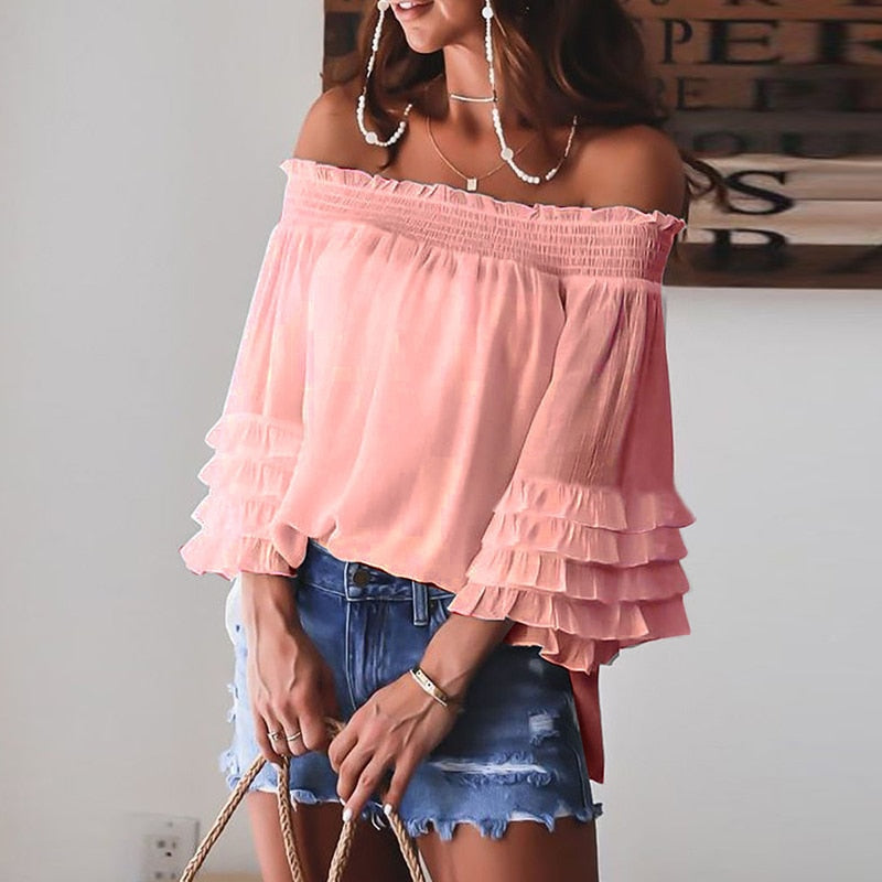 Eti Off Shoulder Summer Tshirt Women Long Sleeve Shirt Women Blouse Solid Ruffle Sleeve Slash Neck Sexy Shirts For Women Tops Gimme that