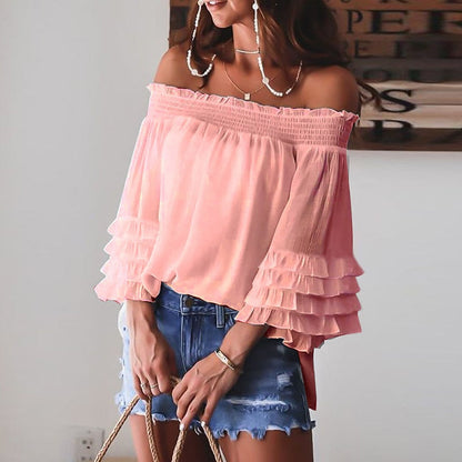 Eti Off Shoulder Summer Tshirt Women Long Sleeve Shirt Women Blouse Solid Ruffle Sleeve Slash Neck Sexy Shirts For Women Tops Gimme that