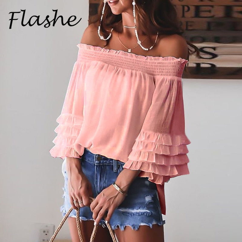 Eti Off Shoulder Summer Tshirt Women Long Sleeve Shirt Women Blouse Solid Ruffle Sleeve Slash Neck Sexy Shirts For Women Tops Gimme that