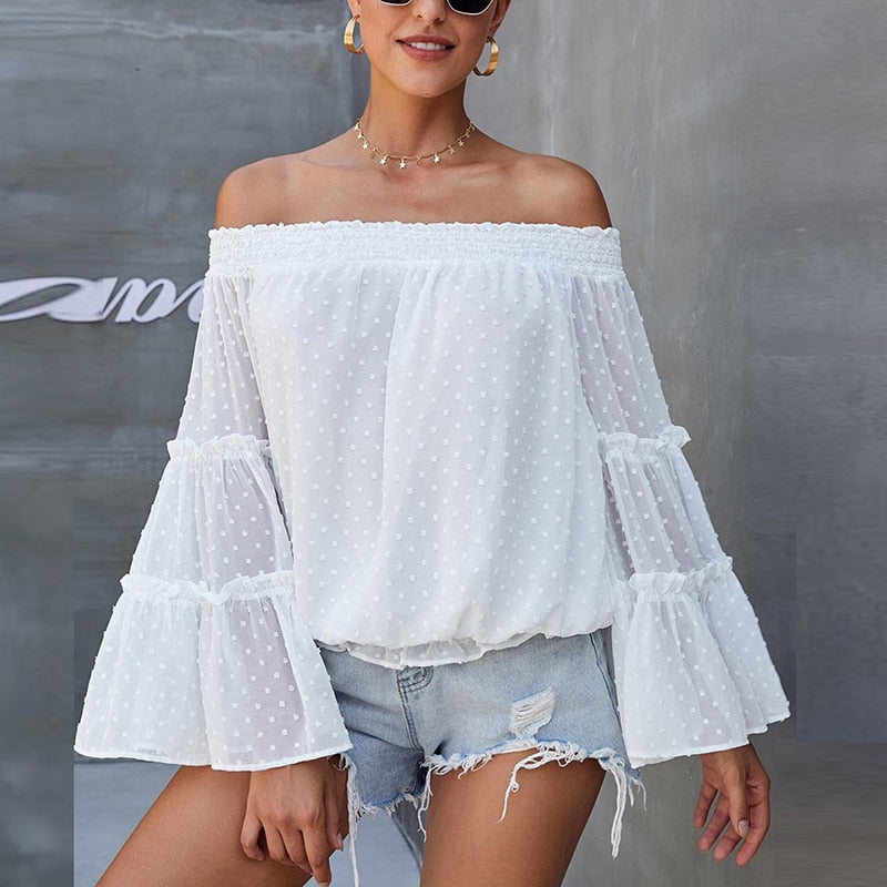 Eti Off Shoulder Summer Tshirt Women Long Sleeve Shirt Women Blouse Solid Ruffle Sleeve Slash Neck Sexy Shirts For Women Tops Gimme that