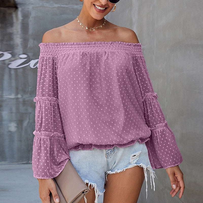 Eti Off Shoulder Summer Tshirt Women Long Sleeve Shirt Women Blouse Solid Ruffle Sleeve Slash Neck Sexy Shirts For Women Tops Gimme that