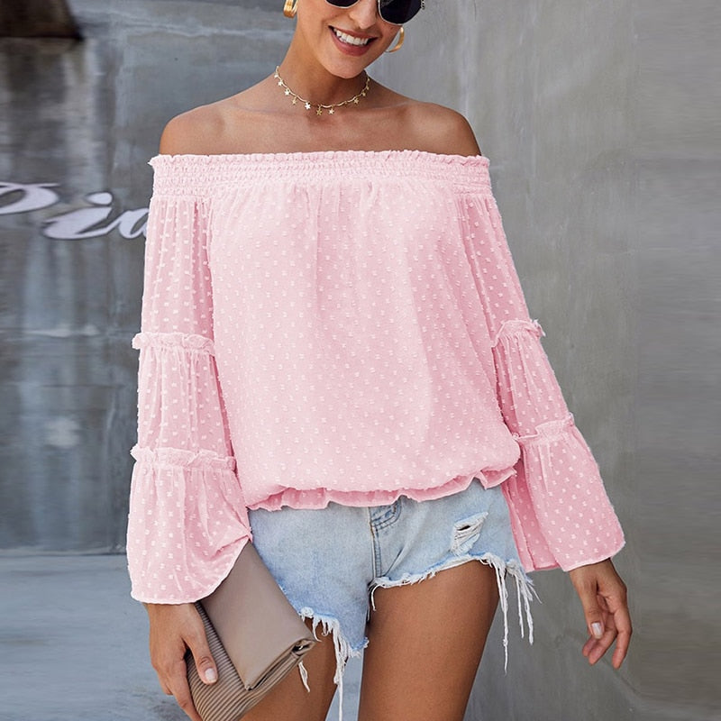 Eti Off Shoulder Summer Tshirt Women Long Sleeve Shirt Women Blouse Solid Ruffle Sleeve Slash Neck Sexy Shirts For Women Tops Gimme that