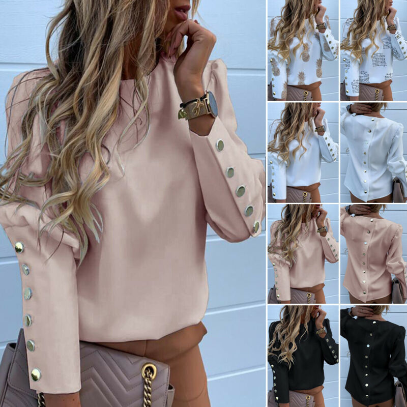 Fashion Women Metal Button Long Sleeve Shirts Ladies Casual O-Neck Solid Print Blouses Fall European Clothes Gimme that